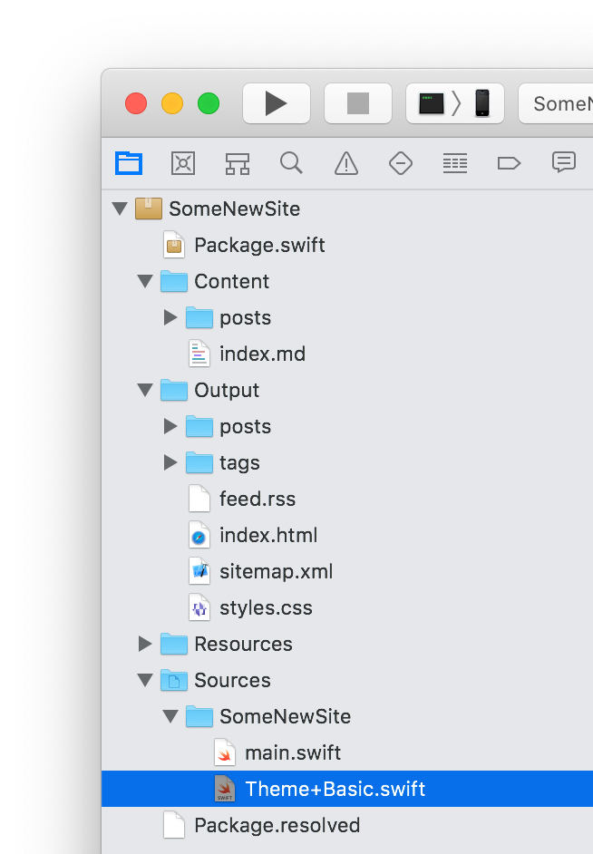 The newly created Theme+Basic.swift inside the Sources → SomeNewSite folder.