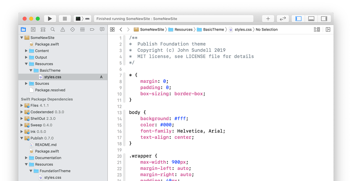 The newly created Theme+Basic.swift inside the Sources → SomeNewSite folder.
