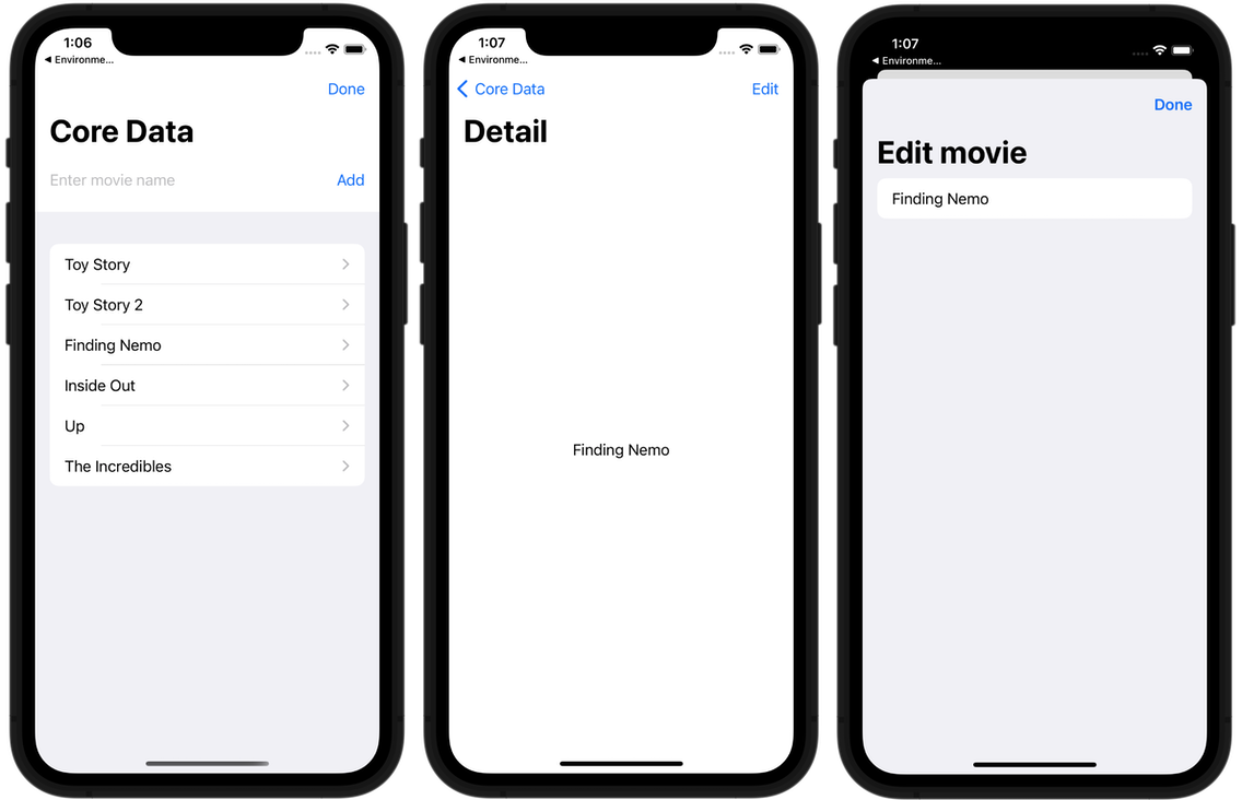 Three app screenshots showing, in order: a list of movies, a detail screen for a movie, and an editing sheet for that same movie.