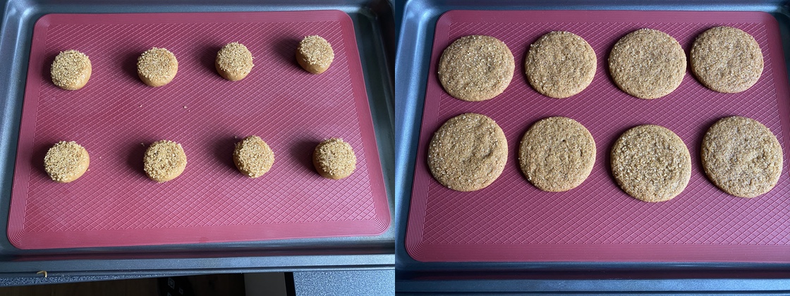 Eight cookies pictured before and after baking. After baking, cookies will spread but should not touch one another.