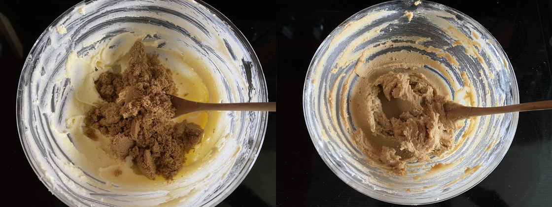 Brown sugar combined with butter and white sugar in a large glass mixing bowl.