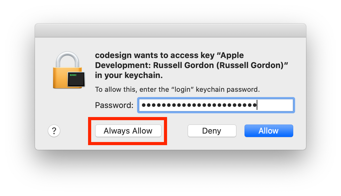 Providing permission to access your development certificate in your computer's keychain.