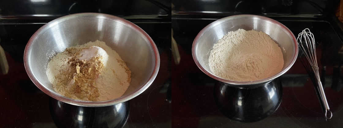 Flour, baking sode, cinnamon, ground ginger, and salt, mixed in a medium stainless steel bowl.