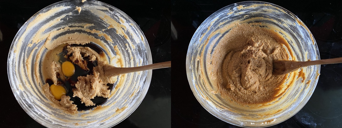 Egg, vanilla, and molasses combined with butter and sugars in a large glass mixing bowl.