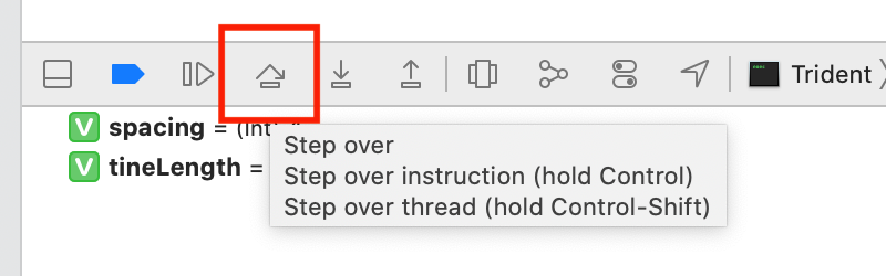 Stepping over an instruction using the Xcode debugger.