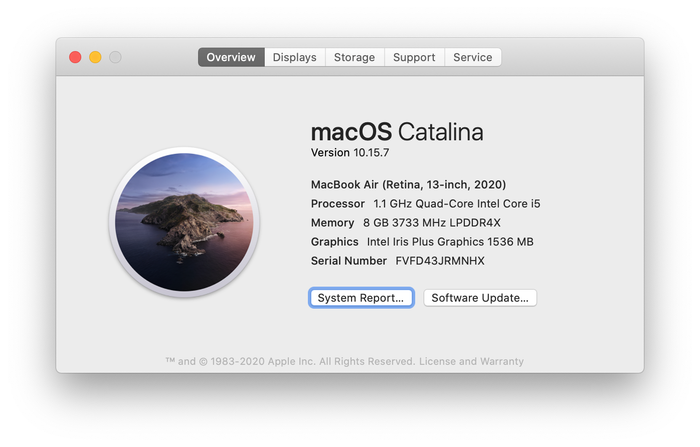About this Mac dialog box showing a computer running macOS 10.15.7