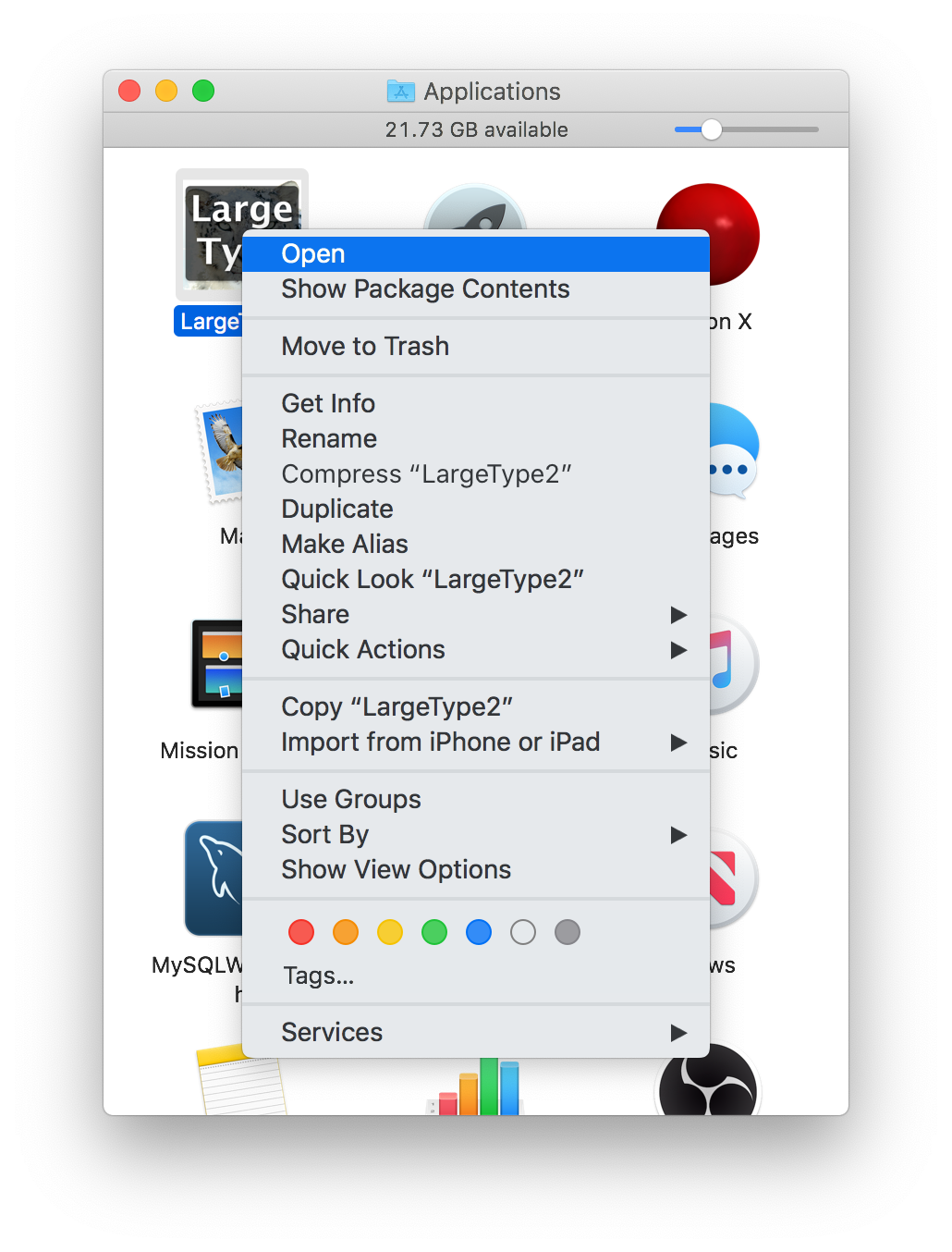 Working around the macOS security warning by selecting the LargeType2 application in Finder and choosing Open from the context menu.