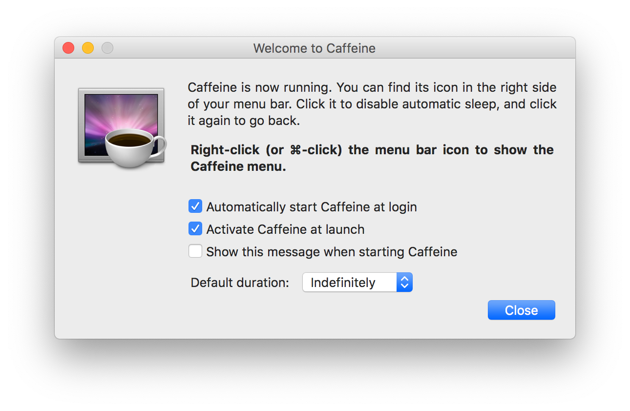 Preferences window for Caffeine app on macOS.