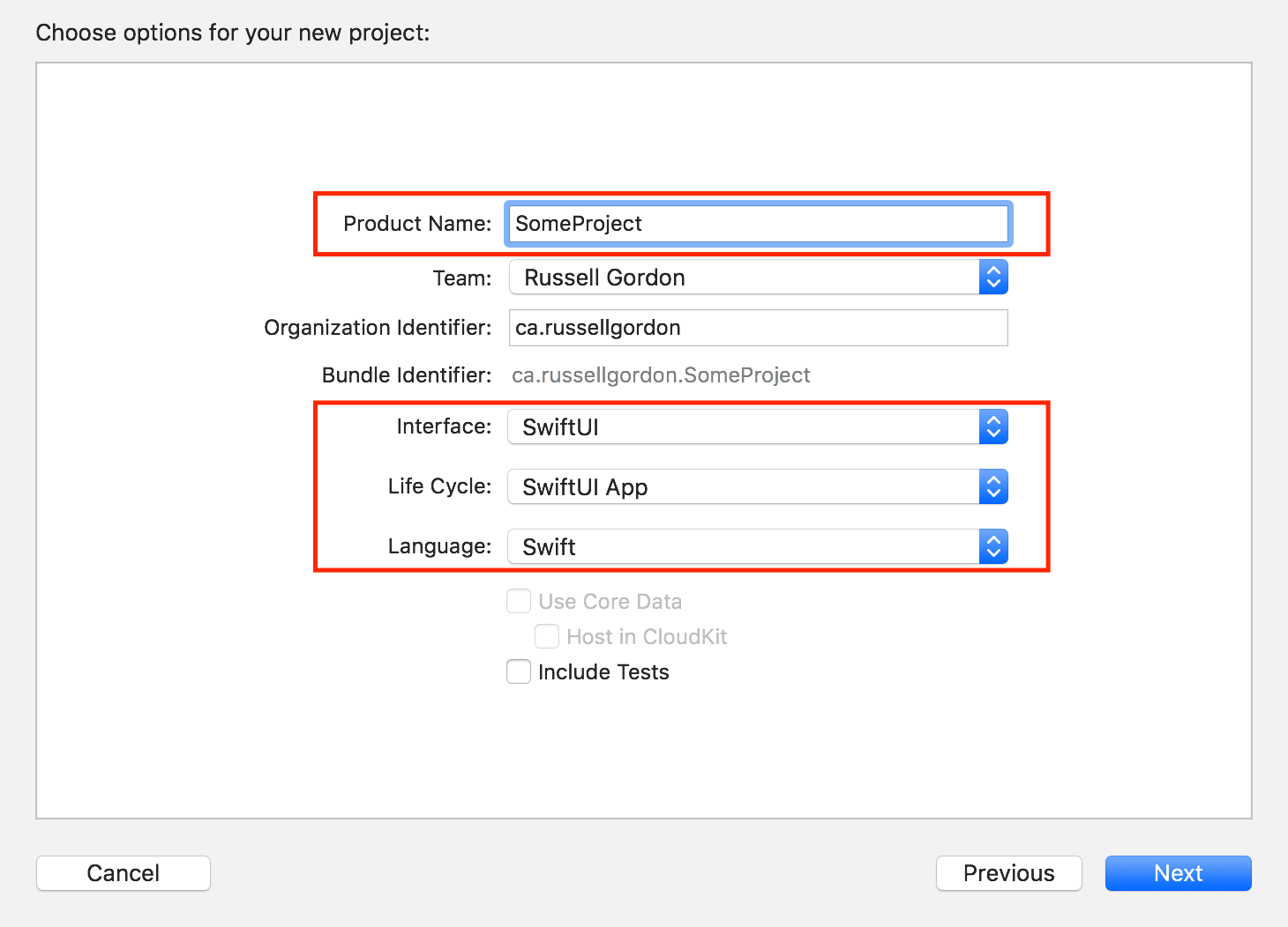 Selecting project options.