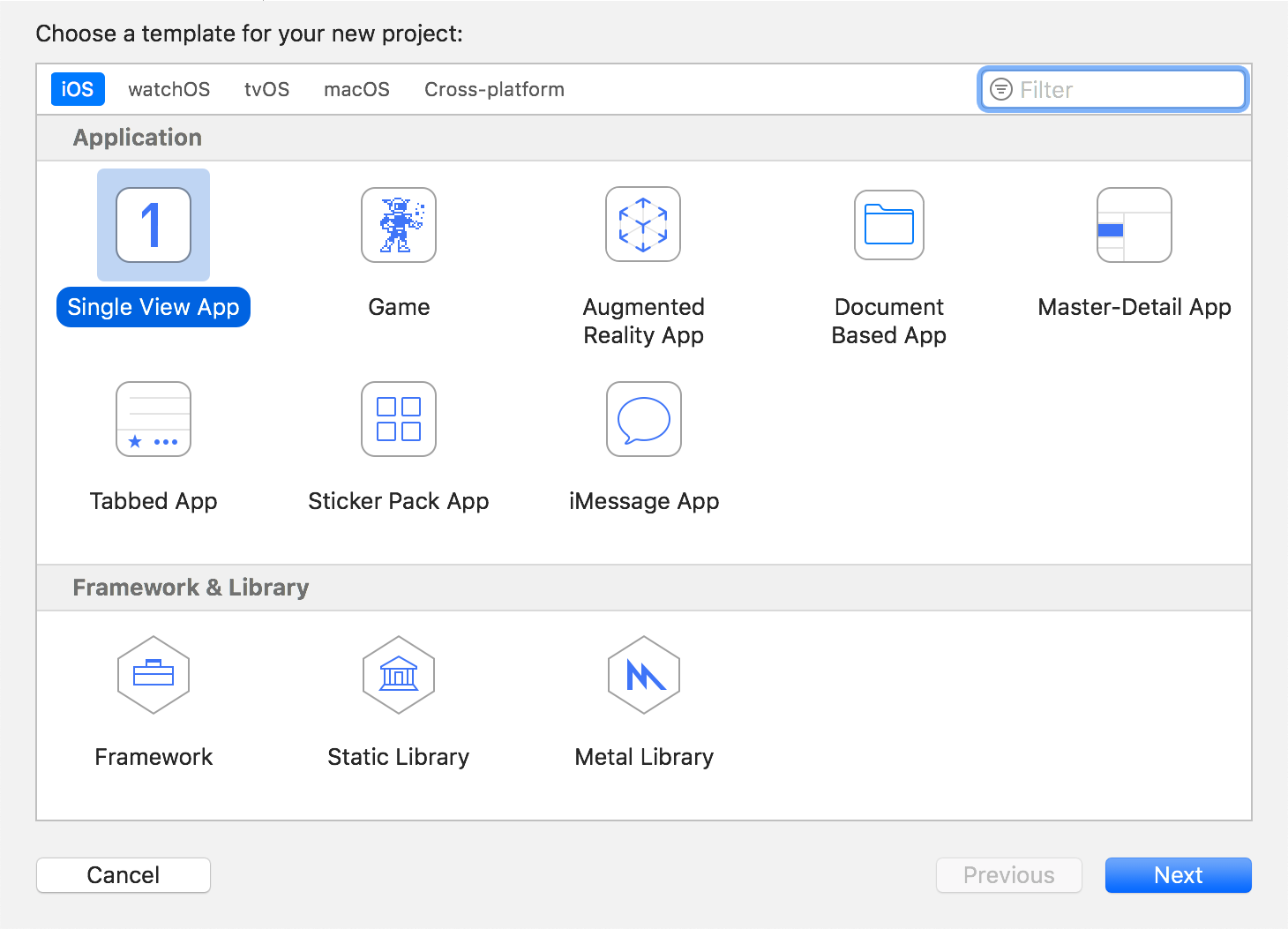 Selecting a project template.