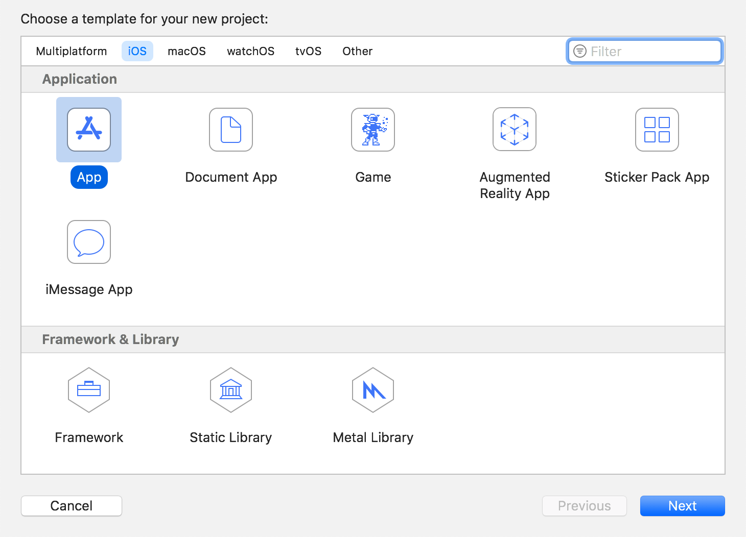 Selecting a project template.