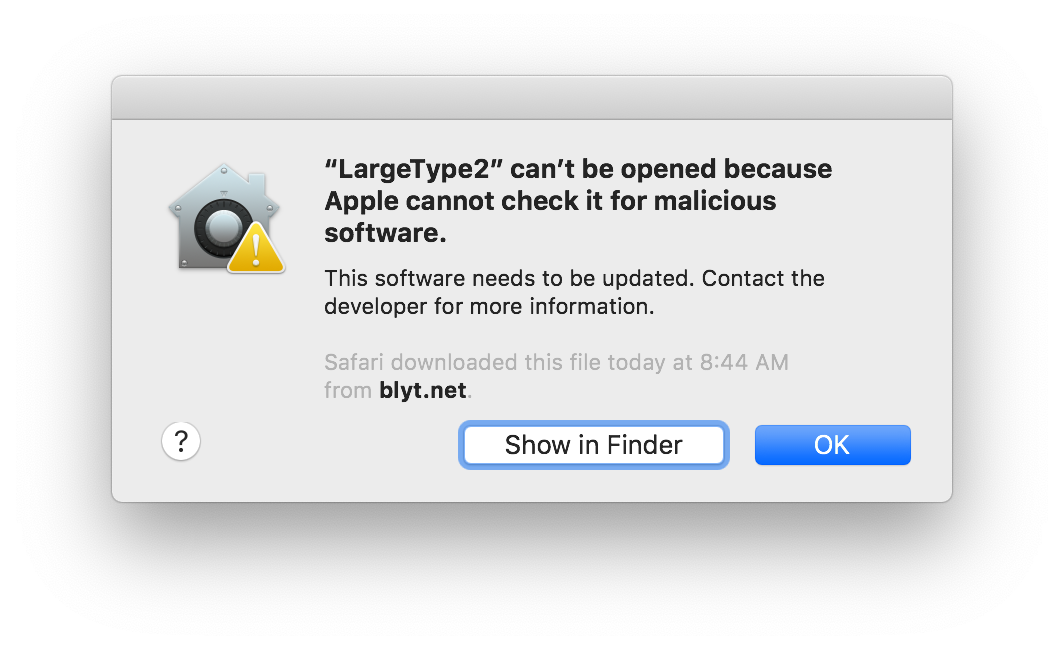 macOS security warning explaining that LargeType2 cannot be checked for malicious software.